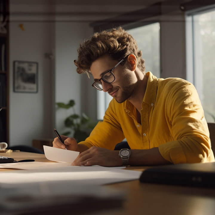 man in a yellow sweater reading